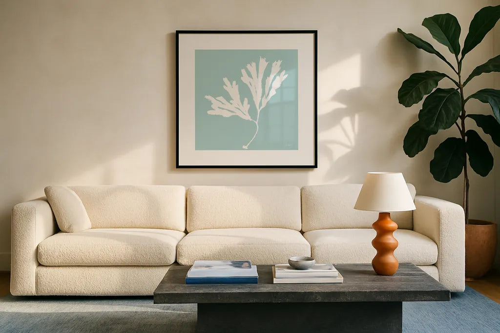 Seaweed I by Deborah Revell. Displayed in a glass frame with matte in a clean modern living room. Available as an archival giclee rolled canvas, fine art paper, or poster print. SKU 91124a.