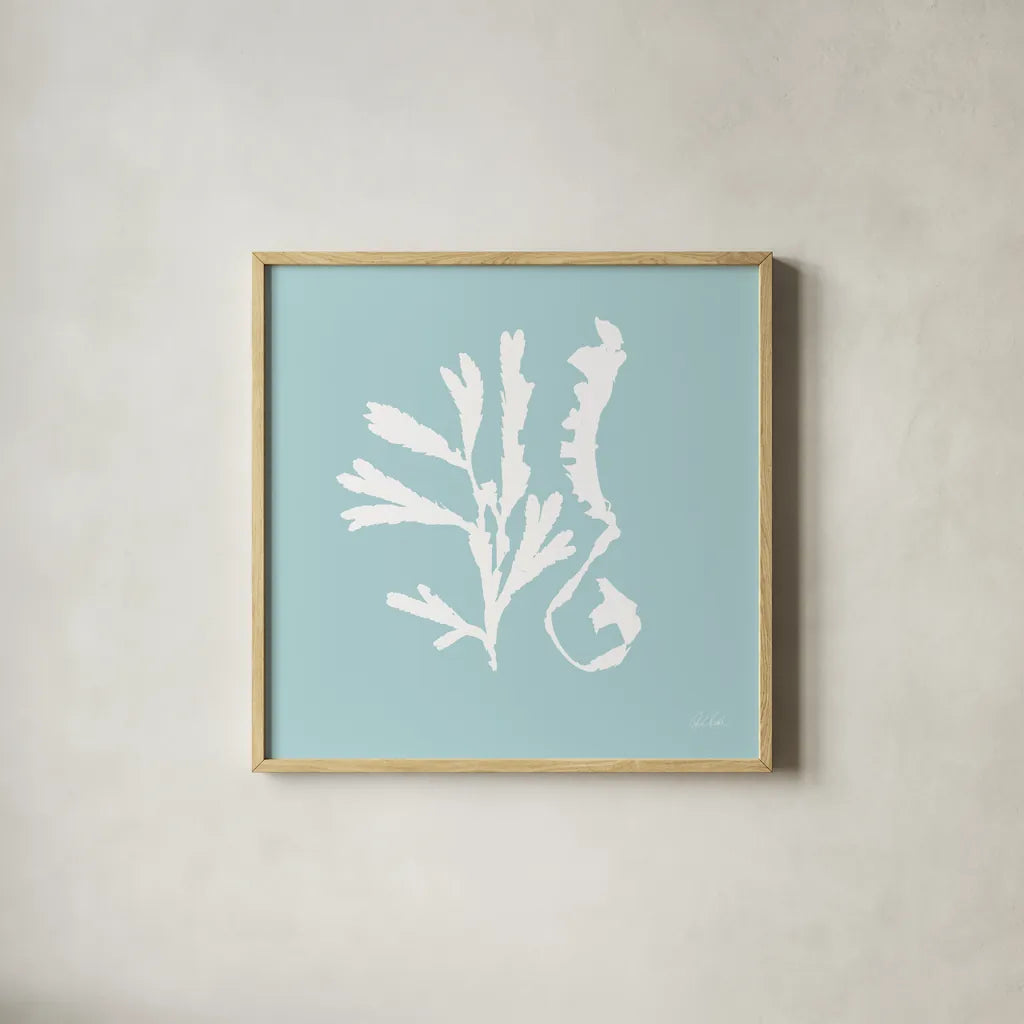 Seaweed II by Deborah Revell. Shown in a natural wood glass frame for a timeless modern aesthetic. Available as an archival giclee rolled canvas, fine art paper, or poster print. SKU 91125a.