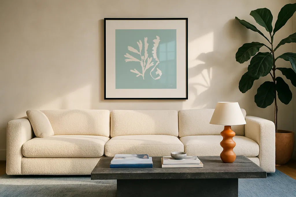 Seaweed II by Deborah Revell. Displayed in a glass frame with matte in a clean modern living room. Available as an archival giclee rolled canvas, fine art paper, or poster print. SKU 91125a.