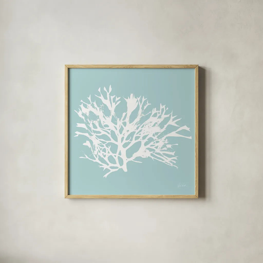 Seaweed IV by Deborah Revell. Shown in a natural wood glass frame for a timeless modern aesthetic. Available as an archival giclee rolled canvas, fine art paper, or poster print. SKU 91127a.