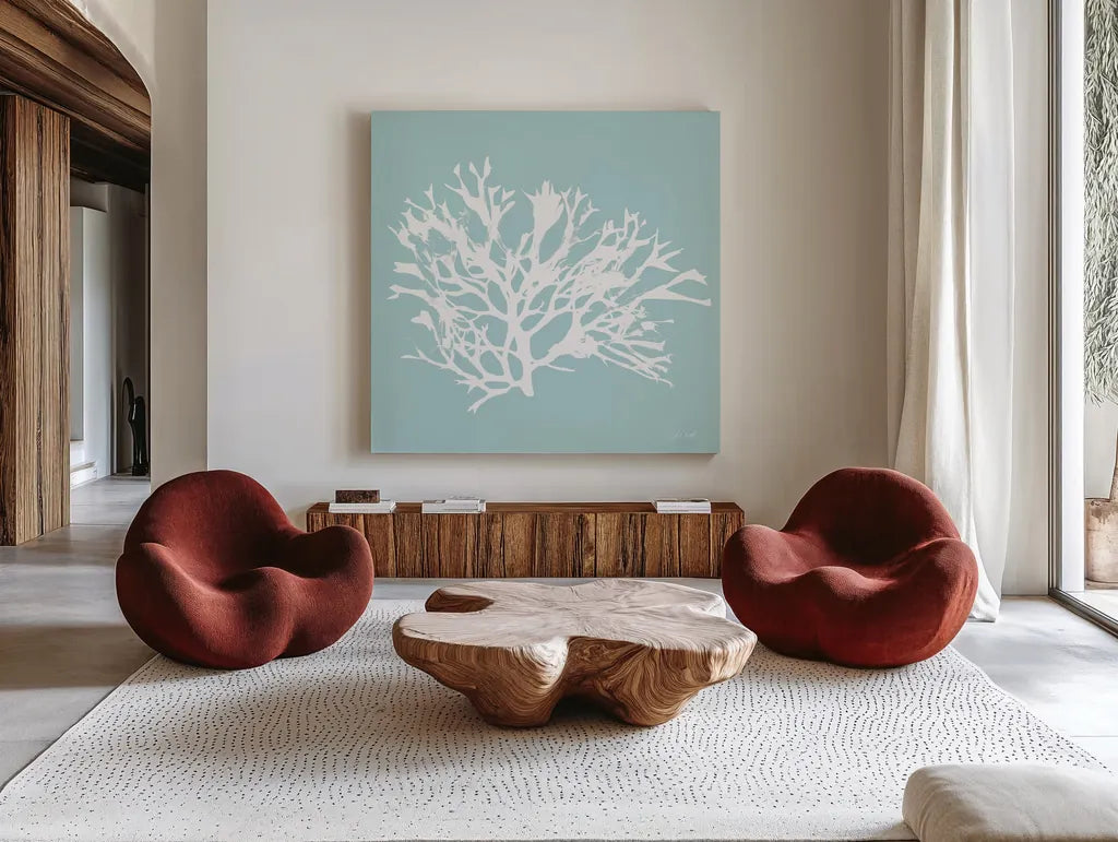 Seaweed IV by Deborah Revell. Shown as extra-large giant wall art in a modern living room. Available as an archival giclee rolled canvas, fine art paper, or poster print. SKU 91127a.