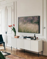 Secret Garden I by Deborah Revell. shown as a framed stretched canvas in a living room above a console. Available as a archival giclee rolled canvas, fine art paper, or poster print. SKU 94364i.