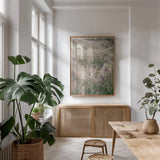 Secret Garden IV by Deborah Revell. shown as a print in a natural wood frame in a dining room. Available as a archival giclee rolled canvas, fine art paper, or poster print. SKU 94367h.