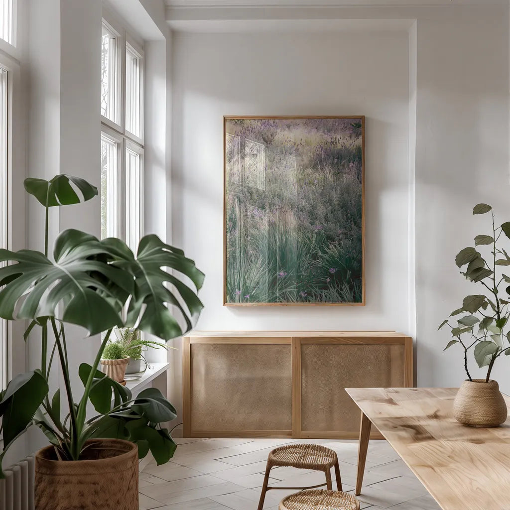 Secret Garden IX by Deborah Revell. shown as a print in a natural wood frame in a dining room. Available as a archival giclee rolled canvas, fine art paper, or poster print. SKU 94372h.