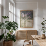 Secret Garden V by Deborah Revell. shown as a print in a natural wood frame in a dining room. Available as a archival giclee rolled canvas, fine art paper, or poster print. SKU 94368h.