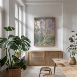 Secret Garden VIII by Deborah Revell. shown as a print in a natural wood frame in a dining room. Available as a archival giclee rolled canvas, fine art paper, or poster print. SKU 94371h.