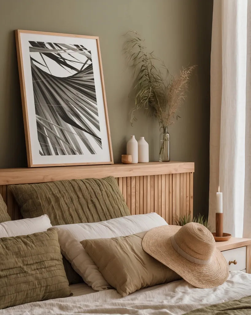 Sepia Palm by Deborah Revell. shown as a paper print in a natural frame. Available as a archival giclee rolled canvas, fine art paper, or poster print. SKU 95327h.