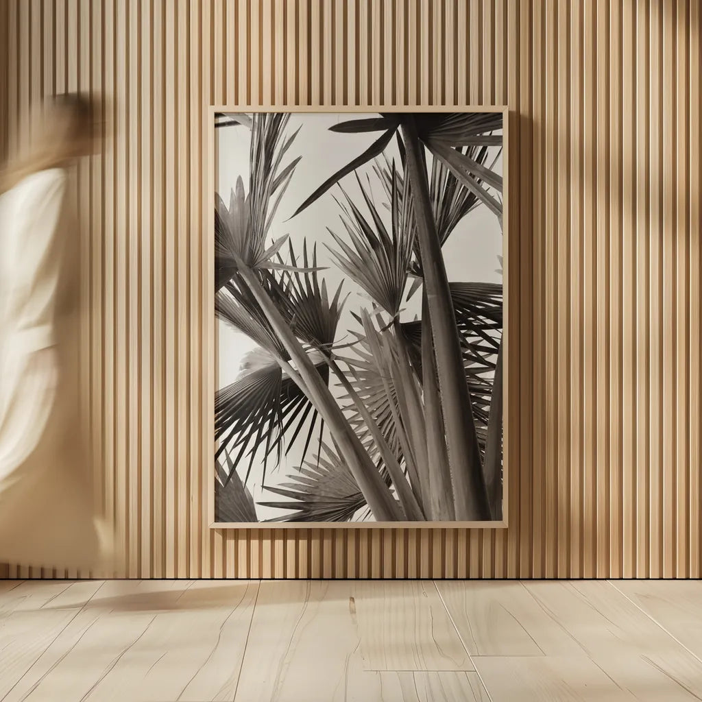 Sepia Palms by Deborah Revell. shown as over sized large wall art. Available as an archival giclee rolled canvas, fine art paper, or poster print. SKU 94294h.