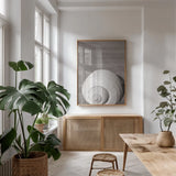 Sepia Shell by Deborah Revell. shown as a print in a natural wood frame in a dining room. Available as a archival giclee rolled canvas, fine art paper, or poster print. SKU 95328h.