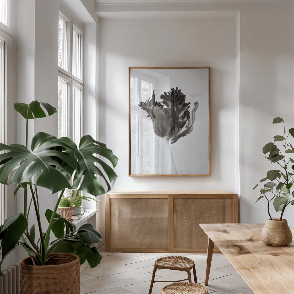 Sepia Tulip I by Deborah Revell. shown as a print in a natural wood frame in a dining room. Available as a archival giclee rolled canvas, fine art paper, or poster print. SKU 93418h.