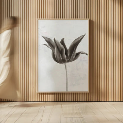 Sepia Tulip II by Deborah Revell. shown as over sized large wall art. Available as an archival giclee rolled canvas, fine art paper, or poster print. SKU 93419h.