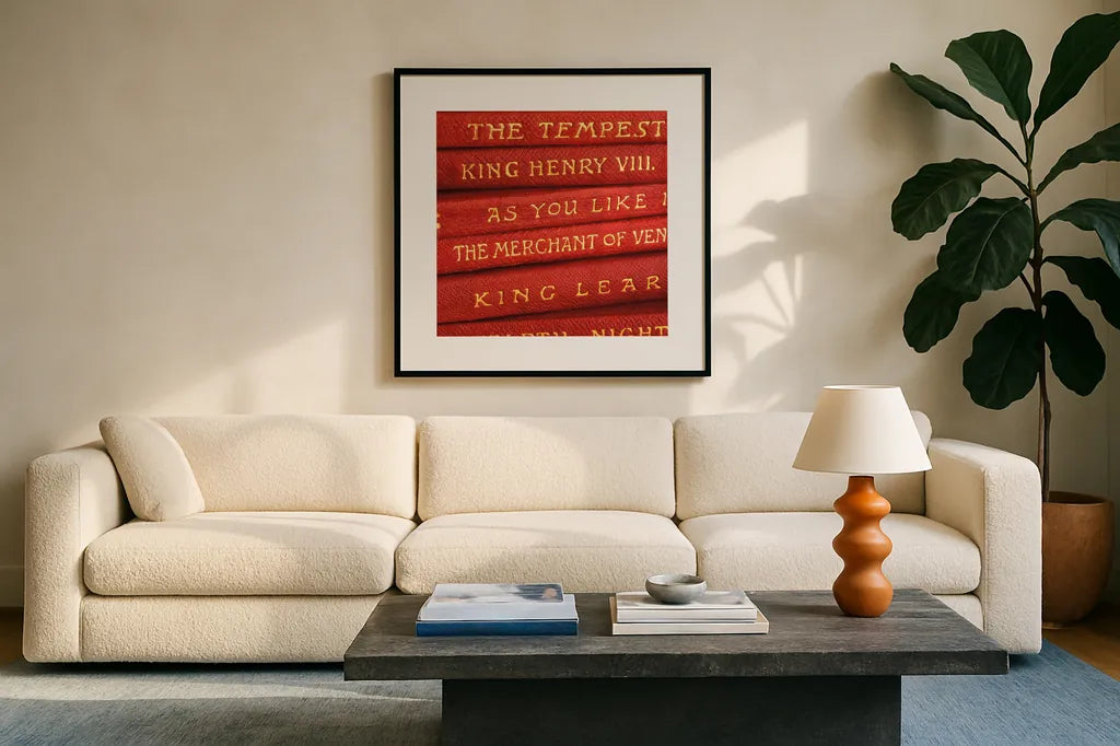 Shakespeare II by Deborah Revell. Displayed in a glass frame with matte in a clean modern living room. Available as an archival giclee rolled canvas, fine art paper, or poster print. SKU 96913a.