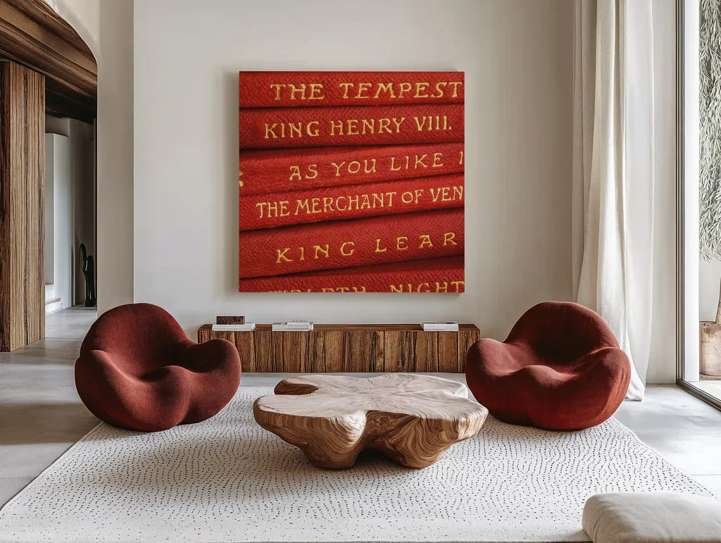 Shakespeare II by Deborah Revell. Shown as extra-large giant wall art in a modern living room. Available as an archival giclee rolled canvas, fine art paper, or poster print. SKU 96913a.