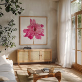 Simple Peony by Deborah Revell. Shown in a natural wood frame in a cozy modern living room. Available as an archival giclee rolled canvas, fine art paper, or poster print. SKU 104470a.