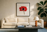 Simple Poppy by Deborah Revell. Displayed in a glass frame with matte in a clean modern living room. Available as an archival giclee rolled canvas, fine art paper, or poster print. SKU 104471a.