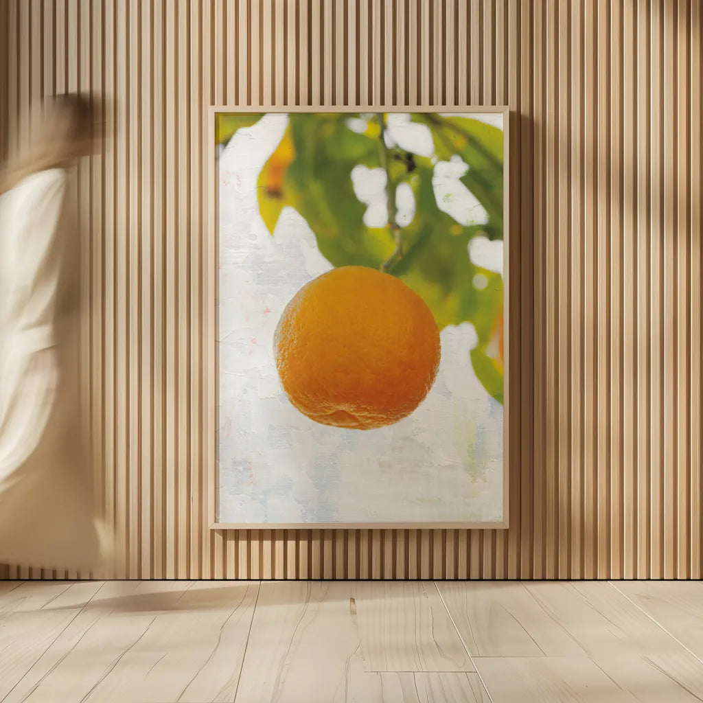 Single Orange by Deborah Revell. shown as over sized large wall art. Available as an archival giclee rolled canvas, fine art paper, or poster print. SKU 94133h.