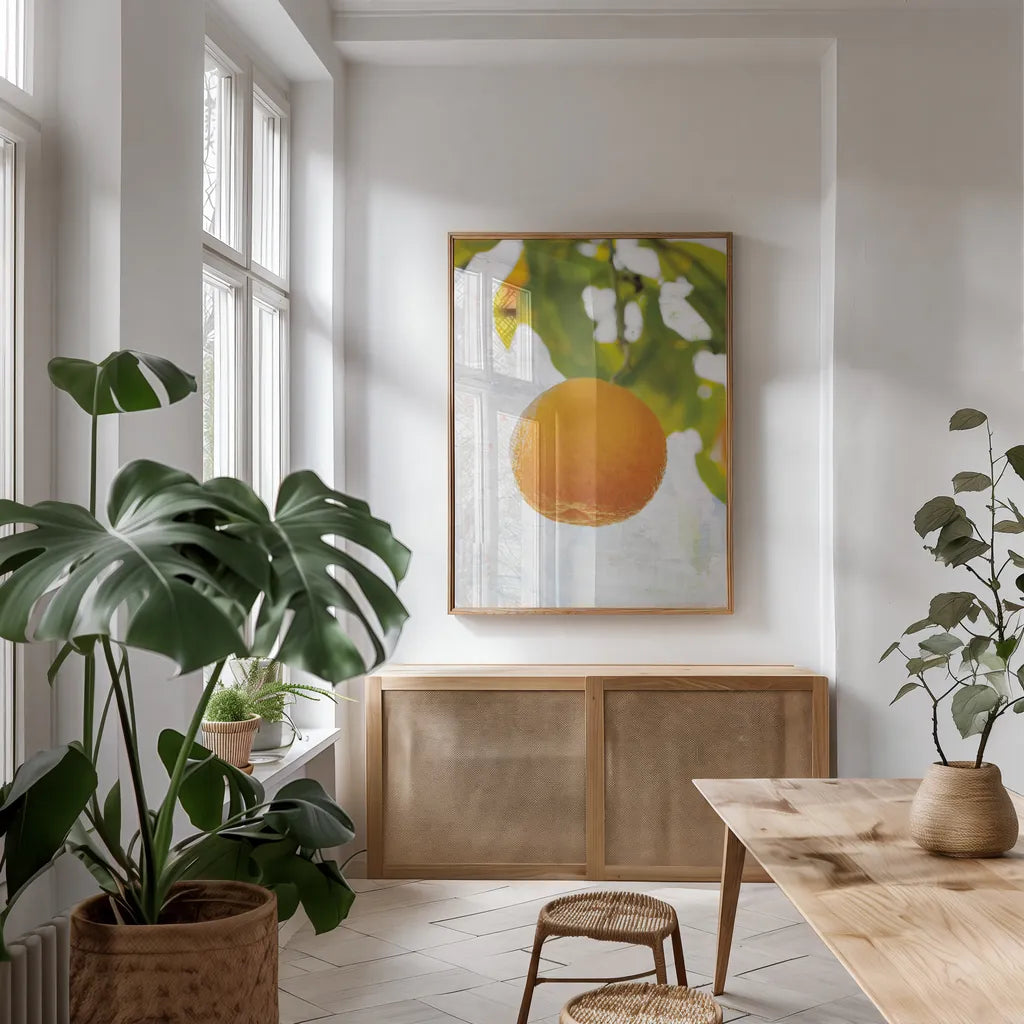 Single Orange by Deborah Revell. shown as a print in a natural wood frame in a dining room. Available as a archival giclee rolled canvas, fine art paper, or poster print. SKU 94133h.