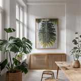Single Palm by Deborah Revell. shown as a print in a natural wood frame in a dining room. Available as a archival giclee rolled canvas, fine art paper, or poster print. SKU 91856h.