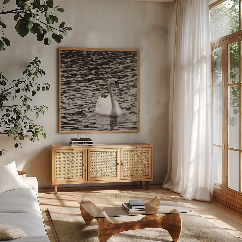 Single Swan by Deborah Revell. Shown in a natural wood frame in a cozy modern living room. Available as an archival giclee rolled canvas, fine art paper, or poster print. SKU 96815a.