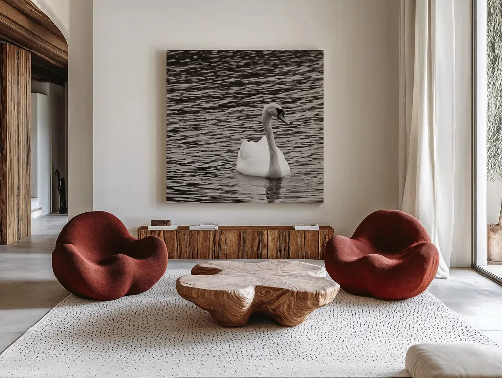 Single Swan by Deborah Revell. Shown as extra-large giant wall art in a modern living room. Available as an archival giclee rolled canvas, fine art paper, or poster print. SKU 96815a.