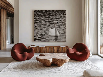 Single Swan by Deborah Revell. Shown as extra-large giant wall art in a modern living room. Available as an archival giclee rolled canvas, fine art paper, or poster print. SKU 96815a.