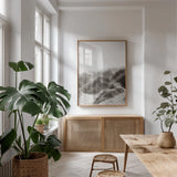 Soluna Dunes I by Deborah Revell. shown as a print in a natural wood frame in a dining room. Available as a archival giclee rolled canvas, fine art paper, or poster print. SKU 102767h.