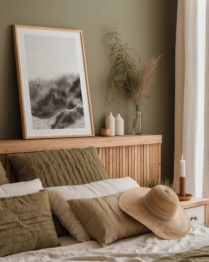 Soluna Dunes I by Deborah Revell. shown as a paper print in a natural frame. Available as a archival giclee rolled canvas, fine art paper, or poster print. SKU 102767h.