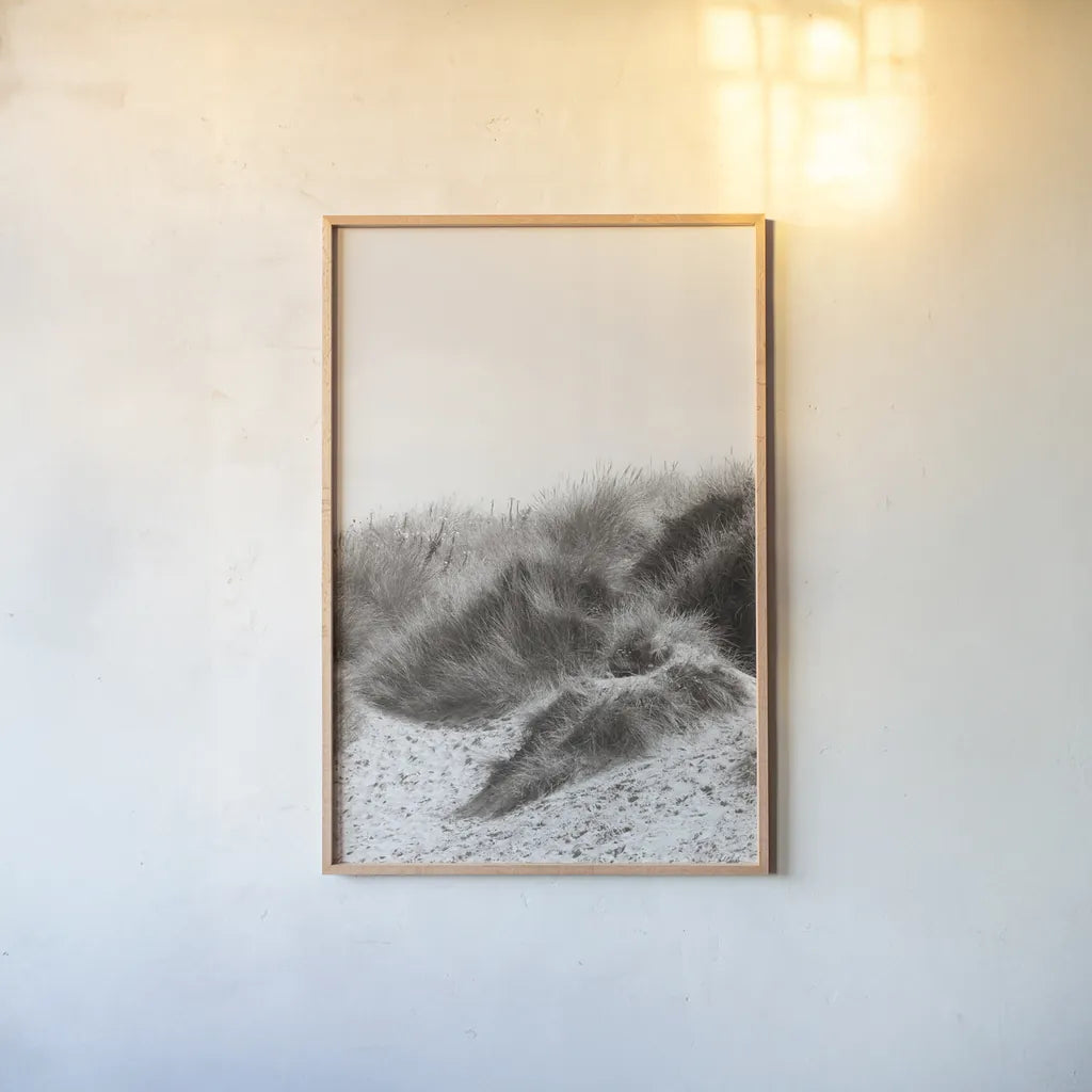 Soluna Dunes I by Deborah Revell. shown as a paper print in a natural frame. Available as a archival giclee rolled canvas, fine art paper, or poster print. SKU 102767h.