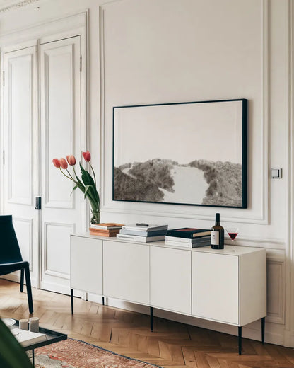 Soluna Dunes III by Deborah Revell. shown as a framed stretched canvas in a living room above a console. Available as a archival giclee rolled canvas, fine art paper, or poster print. SKU 102769i.