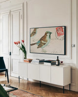 Sparrow by Deborah Revell. shown as a framed stretched canvas in a living room above a console. Available as a archival giclee rolled canvas, fine art paper, or poster print. SKU 104181i.