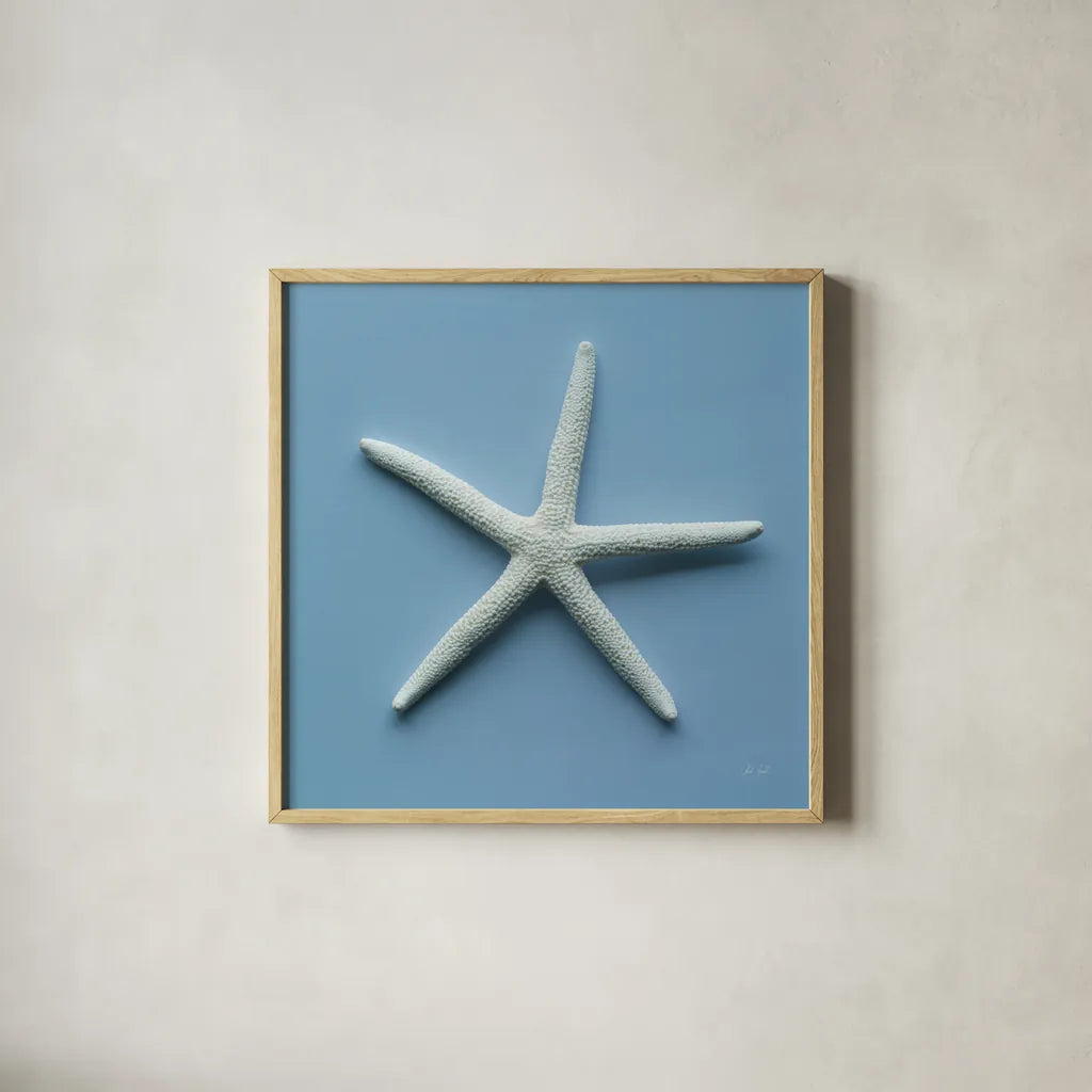 Starfish III by Deborah Revell. Shown in a natural wood glass frame for a timeless modern aesthetic. Available as an archival giclee rolled canvas, fine art paper, or poster print. SKU 96630a.