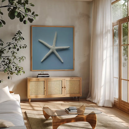 Starfish III by Deborah Revell. Shown in a natural wood frame in a cozy modern living room. Available as an archival giclee rolled canvas, fine art paper, or poster print. SKU 96630a.