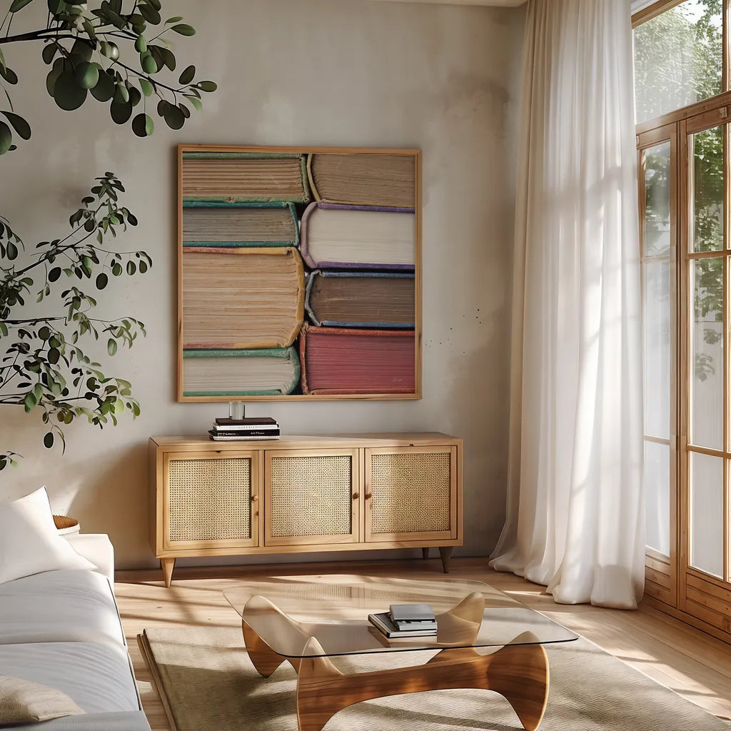 Sunday Afternoon by Deborah Revell. Shown in a natural wood frame in a cozy modern living room. Available as an archival giclee rolled canvas, fine art paper, or poster print. SKU 96922a.