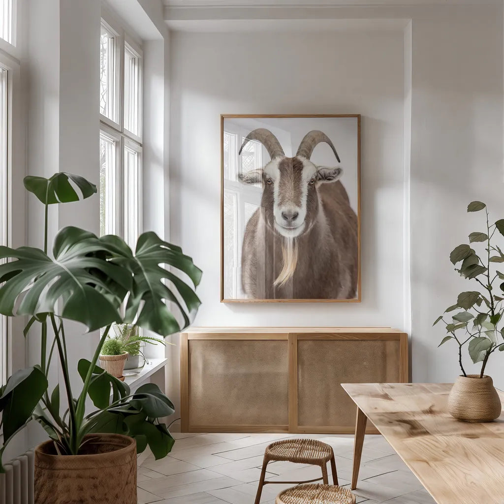 Susan the Goat by Deborah Revell. shown as a print in a natural wood frame in a dining room. Available as a archival giclee rolled canvas, fine art paper, or poster print. SKU 96323h.