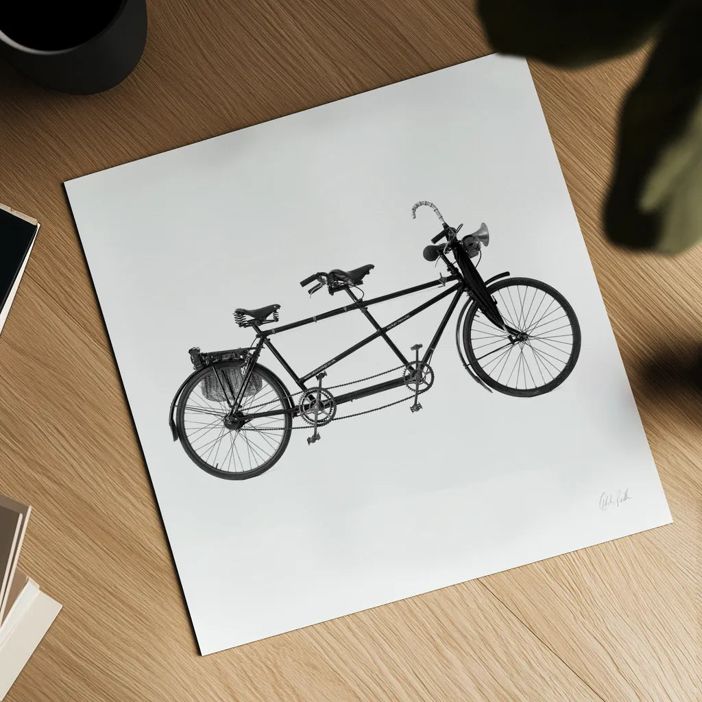 Tandem Bike by Deborah Revell. Shown as a detailed flat fine art print, highlighting archival giclee quality. Available as an archival giclee rolled canvas, fine art paper, or poster print. SKU 92264a.