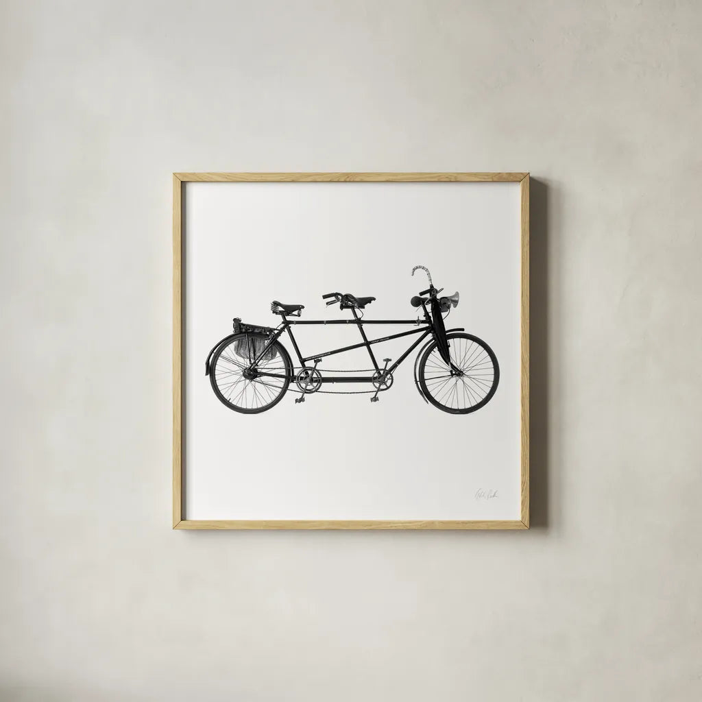 Tandem Bike by Deborah Revell. Shown in a natural wood glass frame for a timeless modern aesthetic. Available as an archival giclee rolled canvas, fine art paper, or poster print. SKU 92264a.