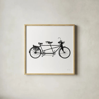 Tandem Bike by Deborah Revell. Shown in a natural wood glass frame for a timeless modern aesthetic. Available as an archival giclee rolled canvas, fine art paper, or poster print. SKU 92264a.