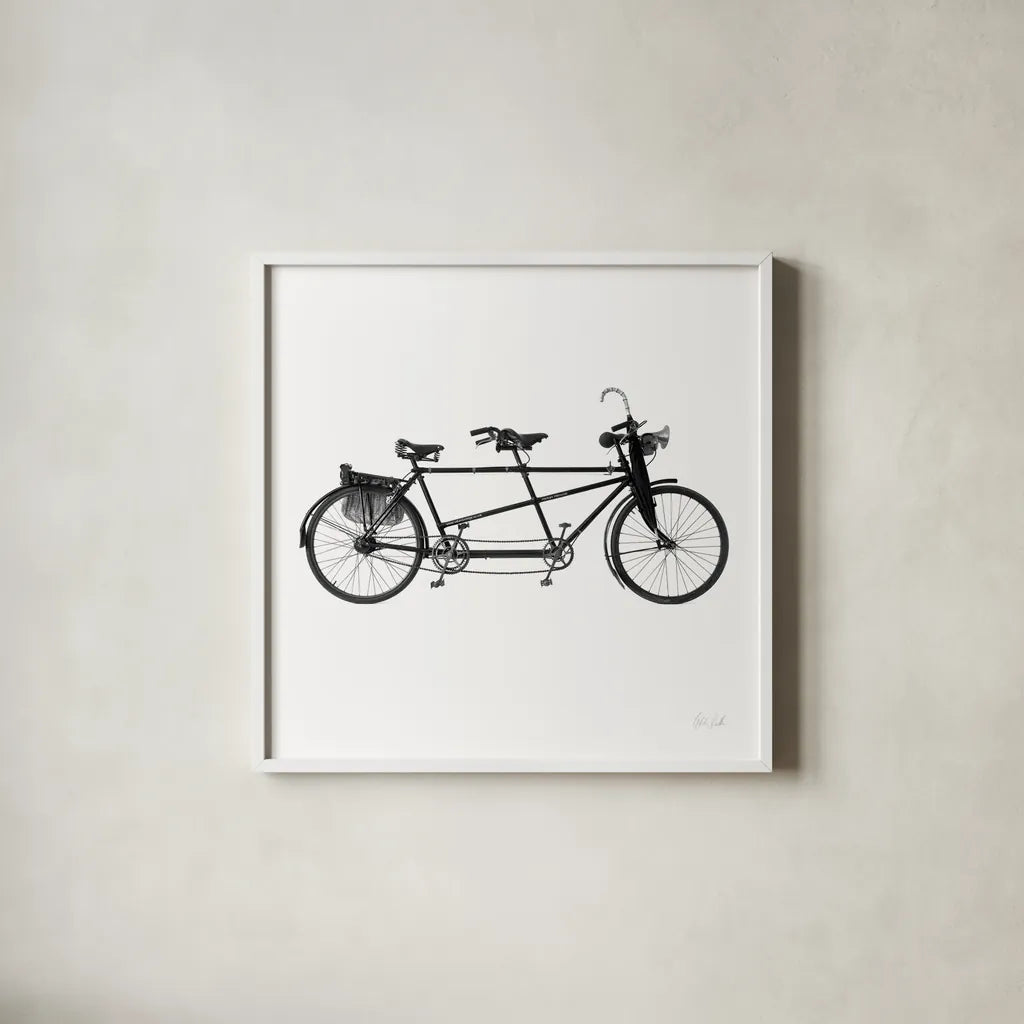 Tandem Bike by Deborah Revell. Shown in a crisp white glass frame for a clean and minimalist style. Available as an archival giclee rolled canvas, fine art paper, or poster print. SKU 92264a.
