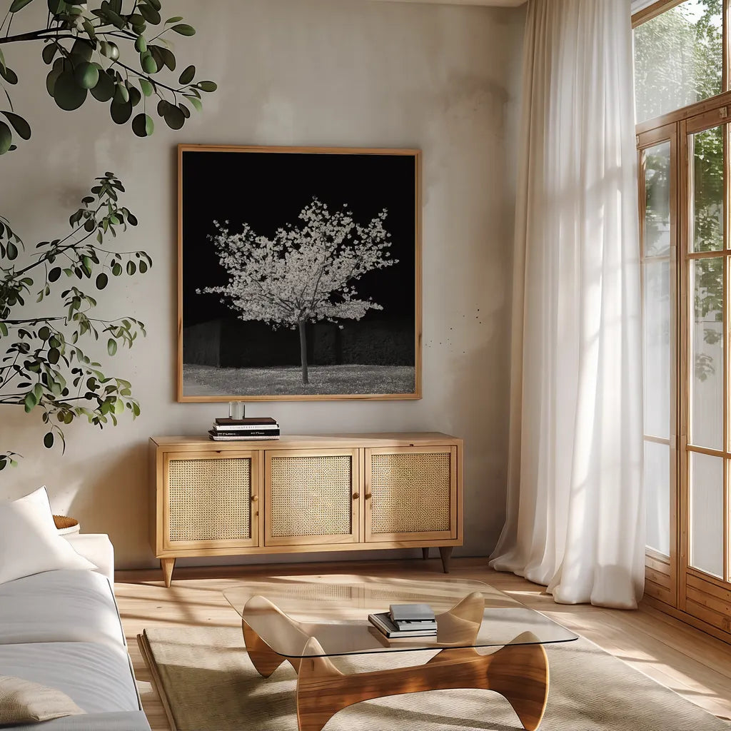 The Blossom Tree by Deborah Revell. Shown in a natural wood frame in a cozy modern living room. Available as an archival giclee rolled canvas, fine art paper, or poster print. SKU 94577a.