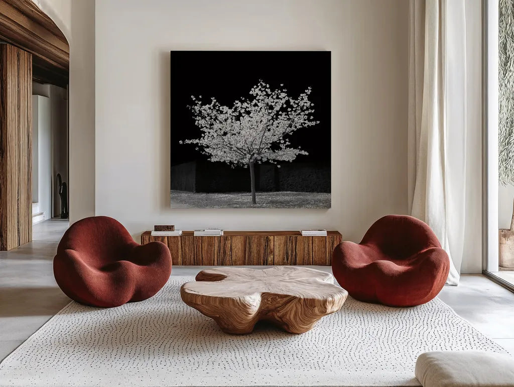 The Blossom Tree by Deborah Revell. Shown as extra-large giant wall art in a modern living room. Available as an archival giclee rolled canvas, fine art paper, or poster print. SKU 94577a.