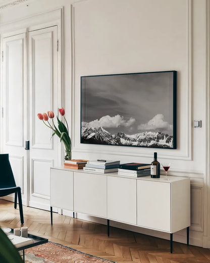 The Dolomites II by Deborah Revell. shown as a framed stretched canvas in a living room above a console. Available as a archival giclee rolled canvas, fine art paper, or poster print. SKU 92049i.
