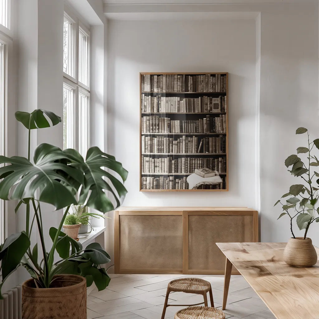 The Library by Deborah Revell. shown as a print in a natural wood frame in a dining room. Available as a archival giclee rolled canvas, fine art paper, or poster print. SKU 96927h.