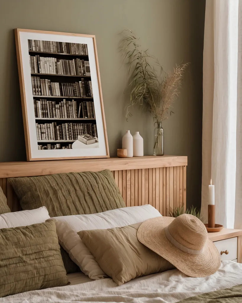 The Library by Deborah Revell. shown as a paper print in a natural frame. Available as a archival giclee rolled canvas, fine art paper, or poster print. SKU 96927h.