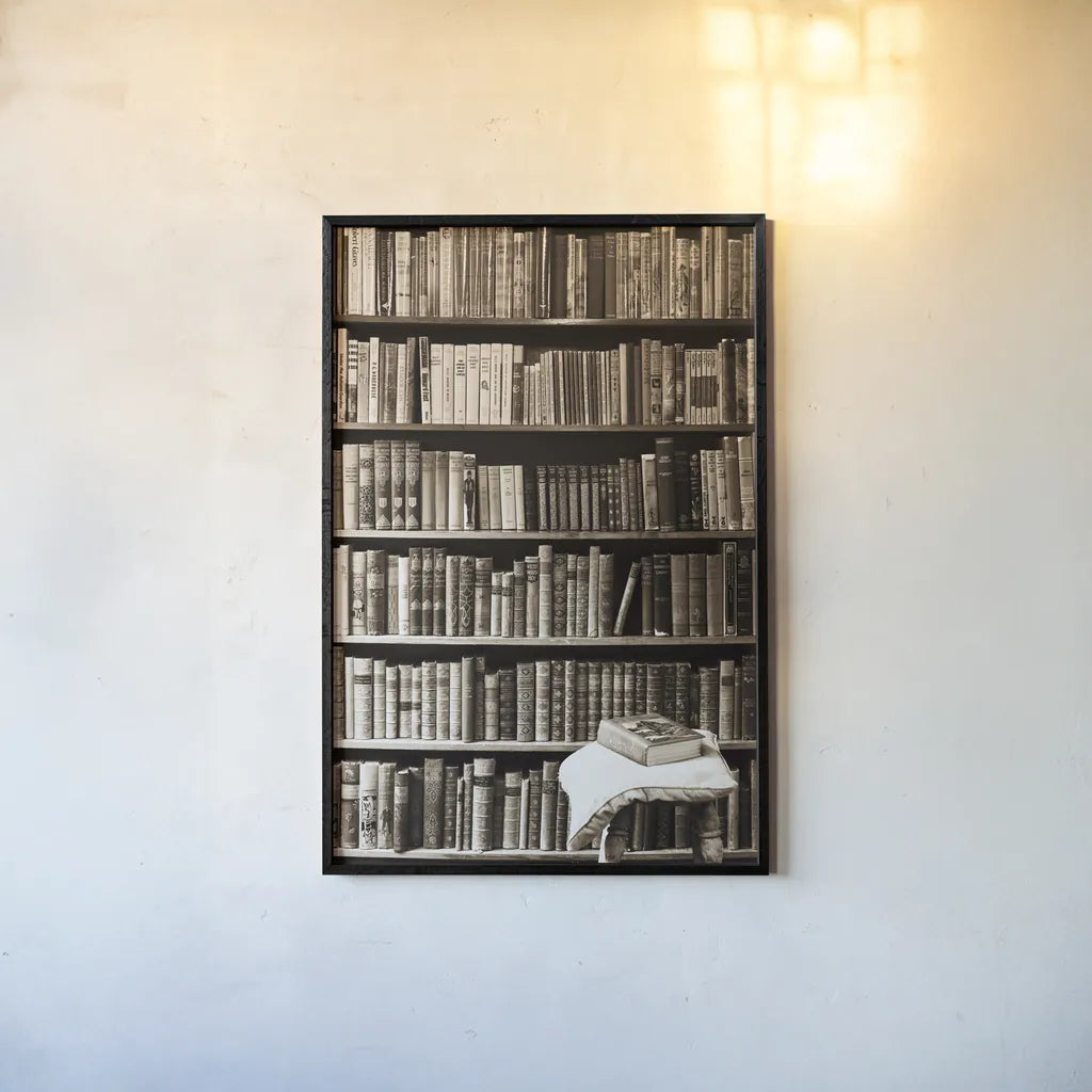 The Library by Deborah Revell. shown as a paper print in a black flame. Available as a archival giclee rolled canvas, fine art paper, or poster print. SKU 96927h.