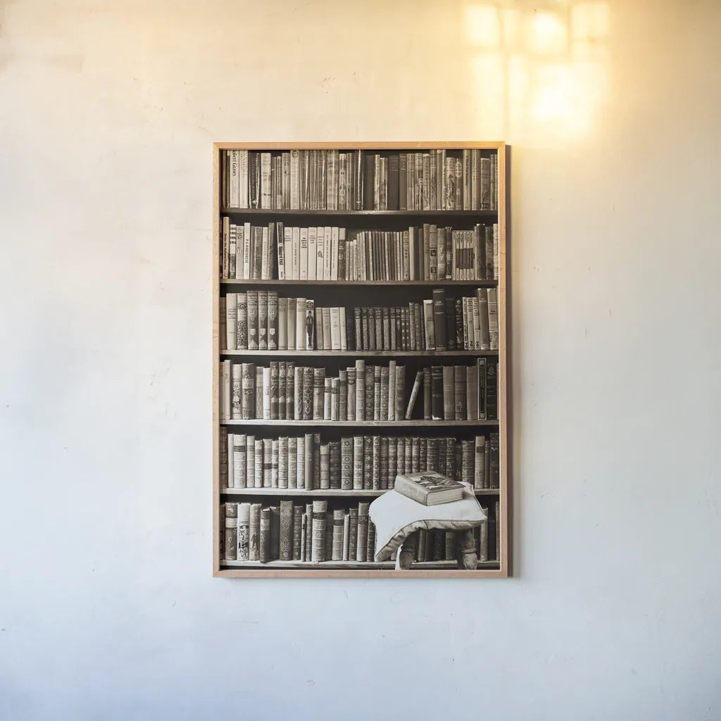 The Library by Deborah Revell. shown as a paper print in a natural frame. Available as a archival giclee rolled canvas, fine art paper, or poster print. SKU 96927h.