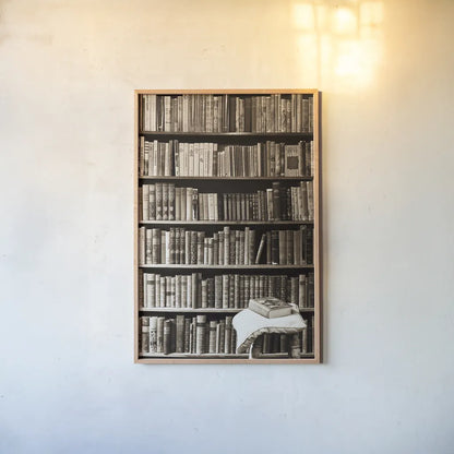 The Library by Deborah Revell. shown as a paper print in a natural frame. Available as a archival giclee rolled canvas, fine art paper, or poster print. SKU 96927h.