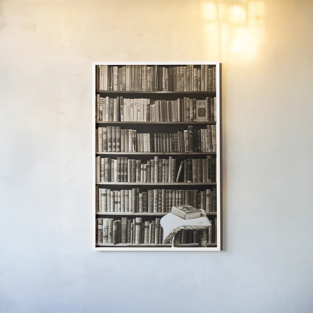 The Library by Deborah Revell. shown as a paper print in a white frame. Available as a archival giclee rolled canvas, fine art paper, or poster print. SKU 96927h.