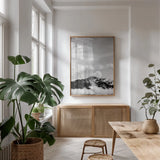 The Mountain Top by Deborah Revell. shown as a print in a natural wood frame in a dining room. Available as a archival giclee rolled canvas, fine art paper, or poster print. SKU 92029h.