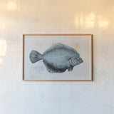 The Plaice by Deborah Revell. shown as a paper print in a natural frame. Available as a archival giclee rolled canvas, fine art paper, or poster print. SKU 91180i.