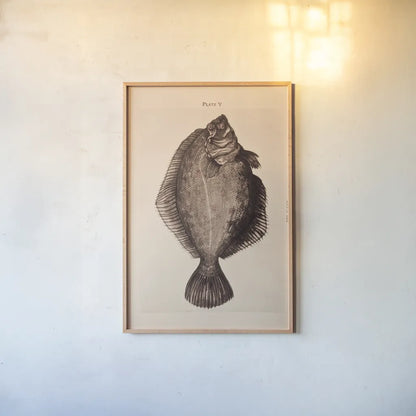 The Plaice by Deborah Revell. shown as a paper print in a natural frame. Available as a archival giclee rolled canvas, fine art paper, or poster print. SKU 95766h.